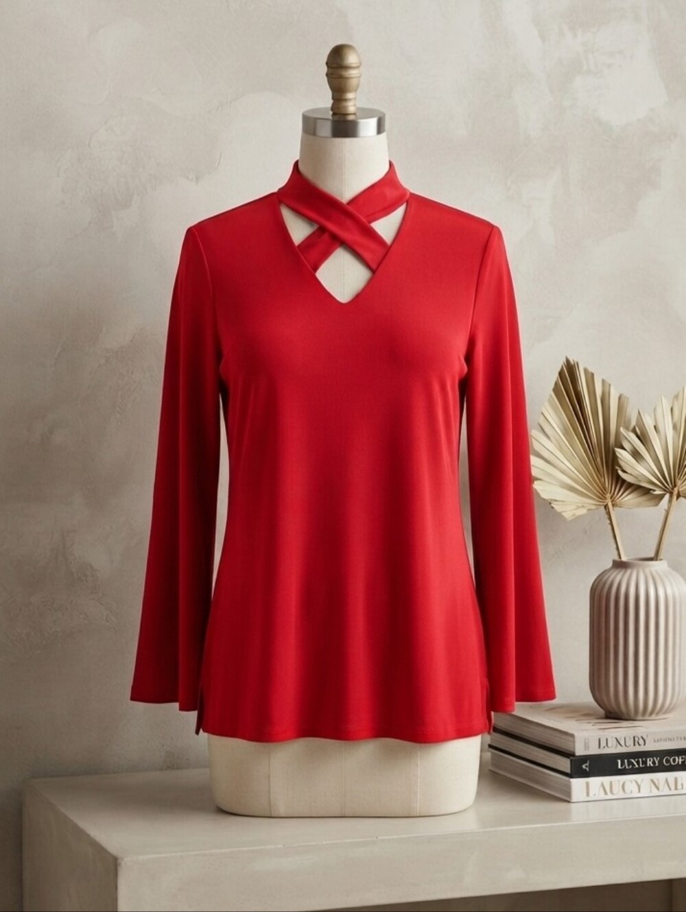 Travelers by Chico's Red Criss-Cross Mock Neck Blouse Size 1